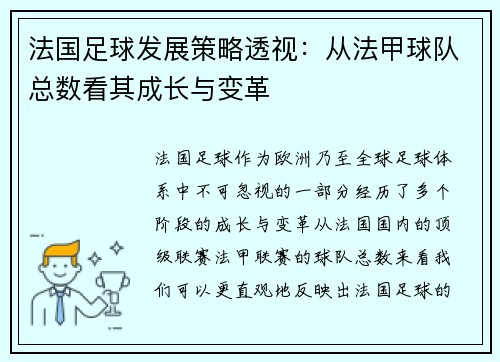 法国足球发展策略透视：从法甲球队总数看其成长与变革