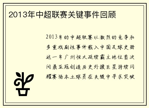 2013年中超联赛关键事件回顾